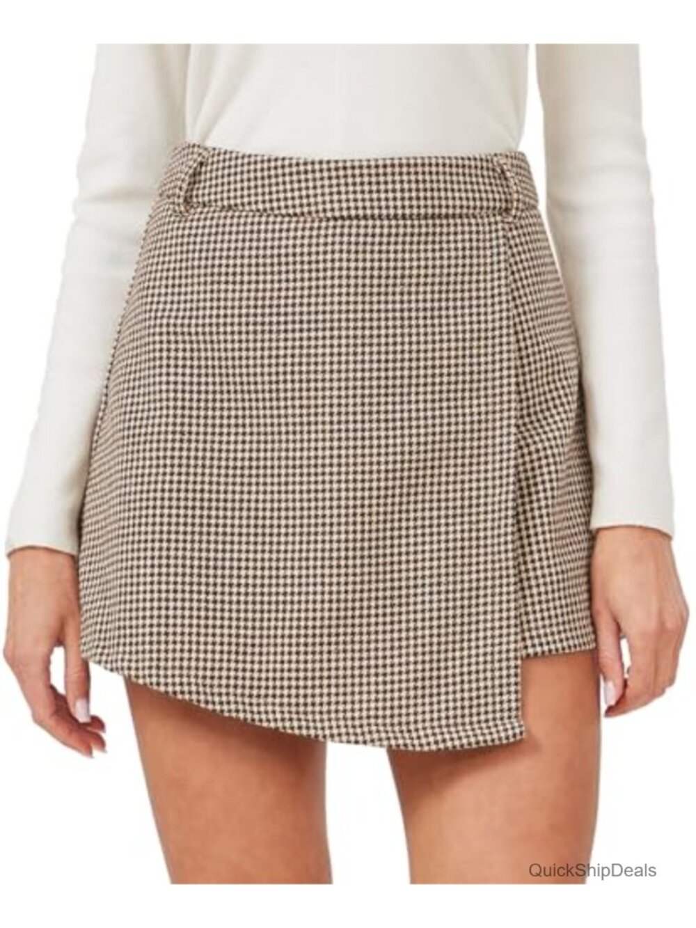 High Waisted Asymmetrical Hem A-line Plaid Faux Leather Wrap Skort Shorts